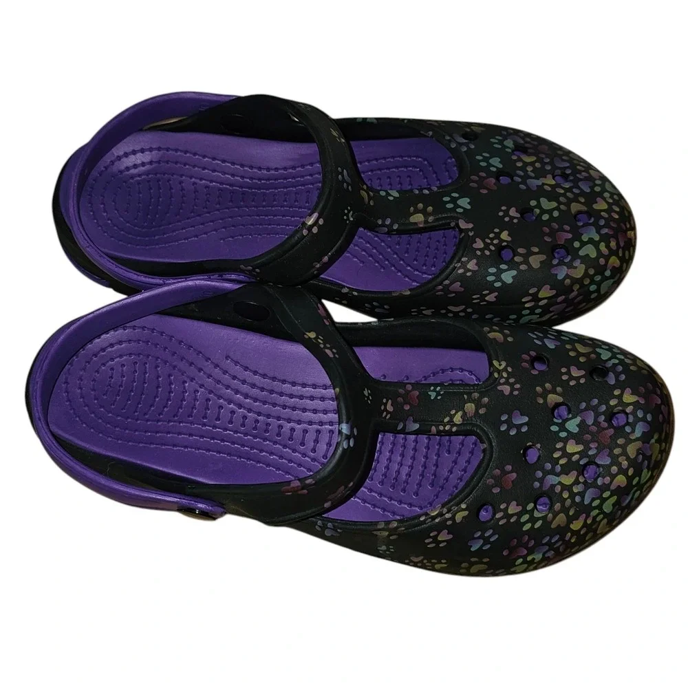 NWOT Black Purple Multicolor‎ Paw Print Womens Mary Jane Sandals 9 - Picture 2 of 5